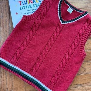Vintage Gymboree Boys Red Cable Knit V-Neck Sweater Vest with Stripe Trim, 7/8